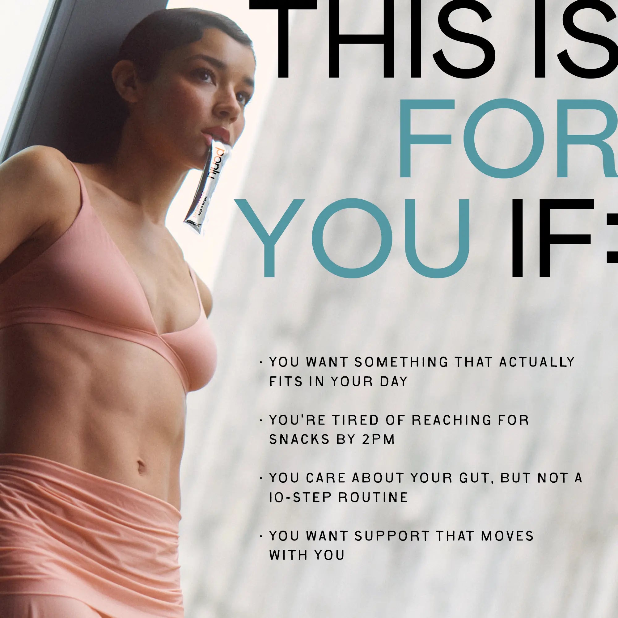 Woman using a Ponlu fiber-rich Garcinia Cambogia Jelly Stick for gut health on the go